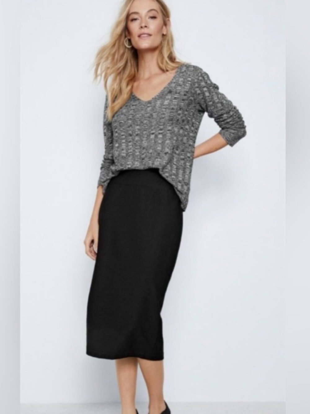 Eileen Fisher Stretch Ponte Midi Skirt Black in Size Medium